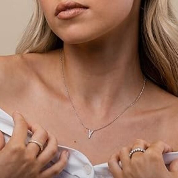 14K White Gold Initial Necklace Letter Dainty Diamond Gift Present A - O - Picture 16 of 16